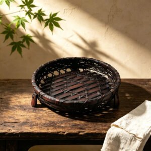 dark-aged-bamboo-tray-on-wooden-table