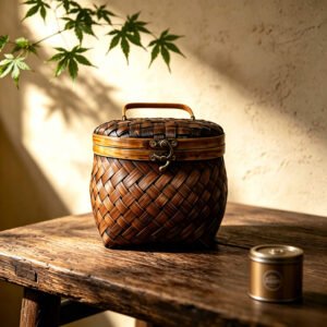 dark-aged-bamboo-tray-on-wooden-table